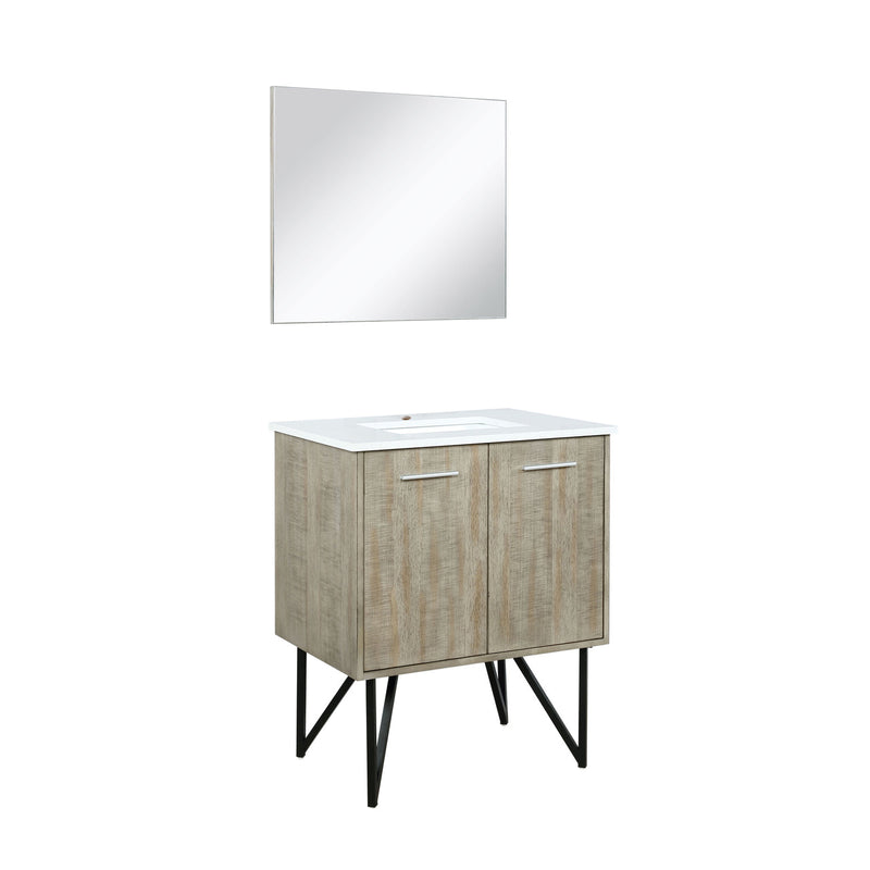 Lexora Lancy 30" Rustic Acacia Bathroom Vanity, White Quartz Top, White Square Sink, and 28" Frameless Mirror  LLC30SKSOSM28