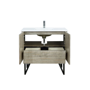 Lexora Lancy 36" Rustic Acacia Bathroom Vanity, White Quartz Top, White Square Sink, and Labaro Rose Gold Faucet Set LLC36SKSOS000FRG
