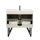 Lexora Lancy 36" Rustic Acacia Bathroom Vanity, White Quartz Top, White Square Sink, Labaro Rose Gold Faucet Set, and 28" Frameless Mirror LLC36SKSOSM28FRG