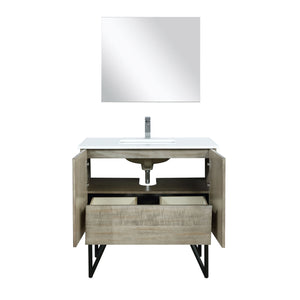 Lexora Lancy 36" Rustic Acacia Bathroom Vanity, White Quartz Top, White Square Sink, Labaro Rose Gold Faucet Set, and 28" Frameless Mirror LLC36SKSOSM28FRG