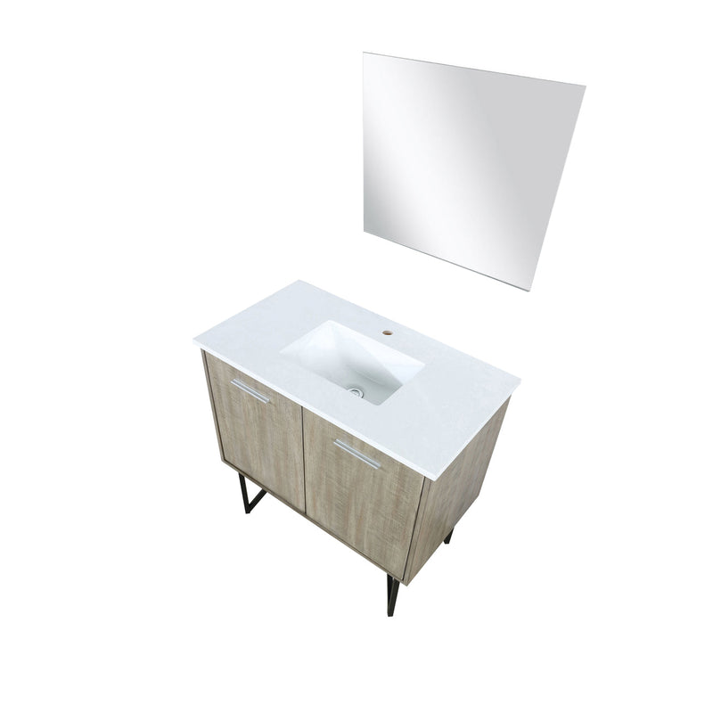 Lexora Lancy 36" Rustic Acacia Bathroom Vanity, White Quartz Top, White Square Sink, and 28" Frameless Mirro LLC36SKSOSM28
