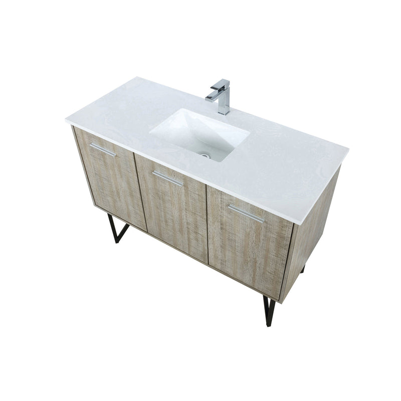 Lexora Lancy 48" Rustic Acacia Bathroom Vanity, White Quartz Top, White Square Sink, and Labaro Rose Gold Faucet Set LLC48SKSOS000FRG