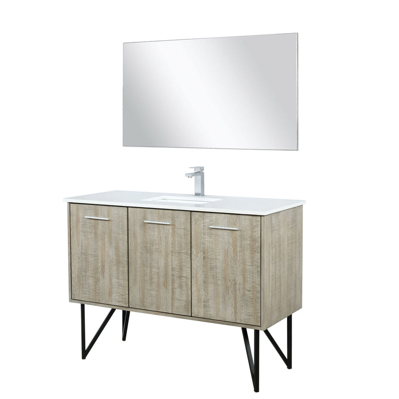 Lexora Lancy 48" Rustic Acacia Bathroom Vanity, White Quartz Top, White Square Sink, Labaro Rose Gold Faucet Set, and 43" Frameless Mirror LLC48SKSOSM43FRG
