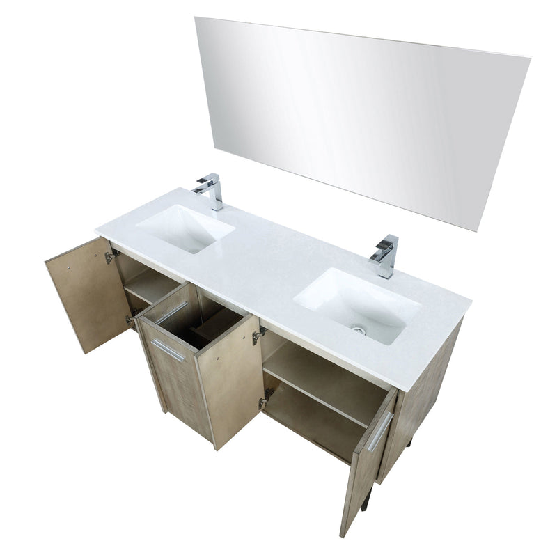 Lexora  Lancy 60" Rustic Acacia Double Bathroom Vanity, White Quartz Top, White Square Sinks, Labaro Brushed Nickel Faucet Set, and 55" Frameless Mirror LLC60DKSOSM55FBN