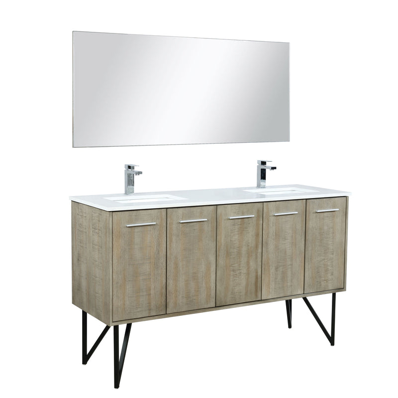 Lexora  Lancy 60" Rustic Acacia Double Bathroom Vanity, White Quartz Top,White Square Sinks, Labaro Rose Gold Faucet Set, and 55" Frameless Mirror LLC60DKSOSM55FRG
