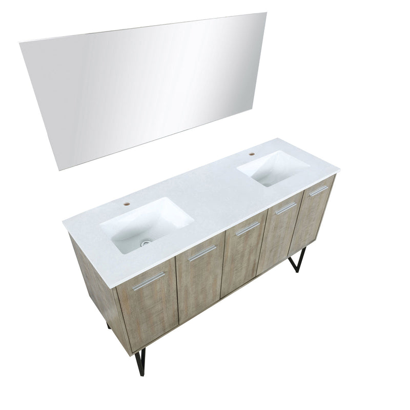 Lexora Lancy 60" Rustic Acacia Double Bathroom Vanity, White Quartz Top, White Square Sinks, and 55" Frameless Mirror LLC60DKSOSM55