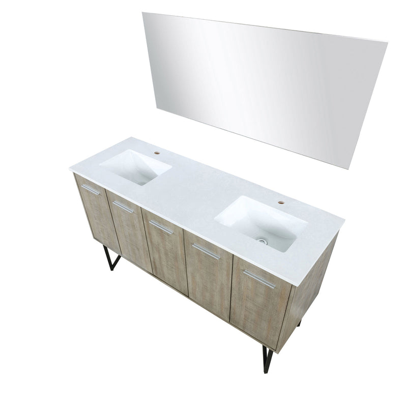 Lexora Lancy 60" Rustic Acacia Double Bathroom Vanity, White Quartz Top, White Square Sinks, and 55" Frameless Mirror LLC60DKSOSM55