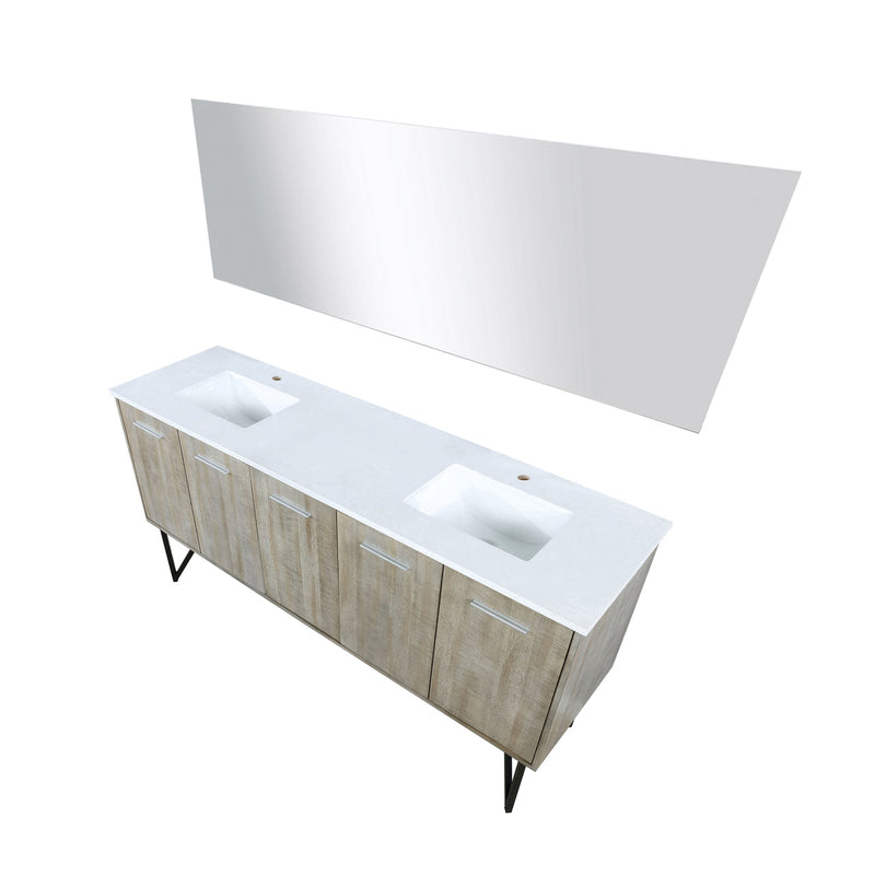 Lexora  Lancy 72" Rustic Acacia Double Bathroom Vanity, White Quartz Top, White Square Sinks, and 70" Frameless Mirror LLC72DKSOSM70
