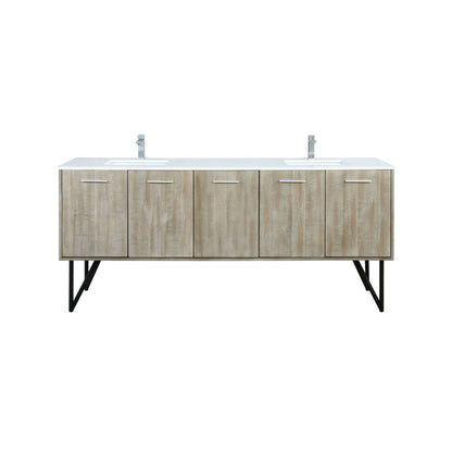 Lexora Lancy 80" Rustic Acacia Double Bathroom Vanity, White Quartz Top, White Square Sinks, and Labaro Brushed Nickel Faucet Set LLC80DKSOS000FBN