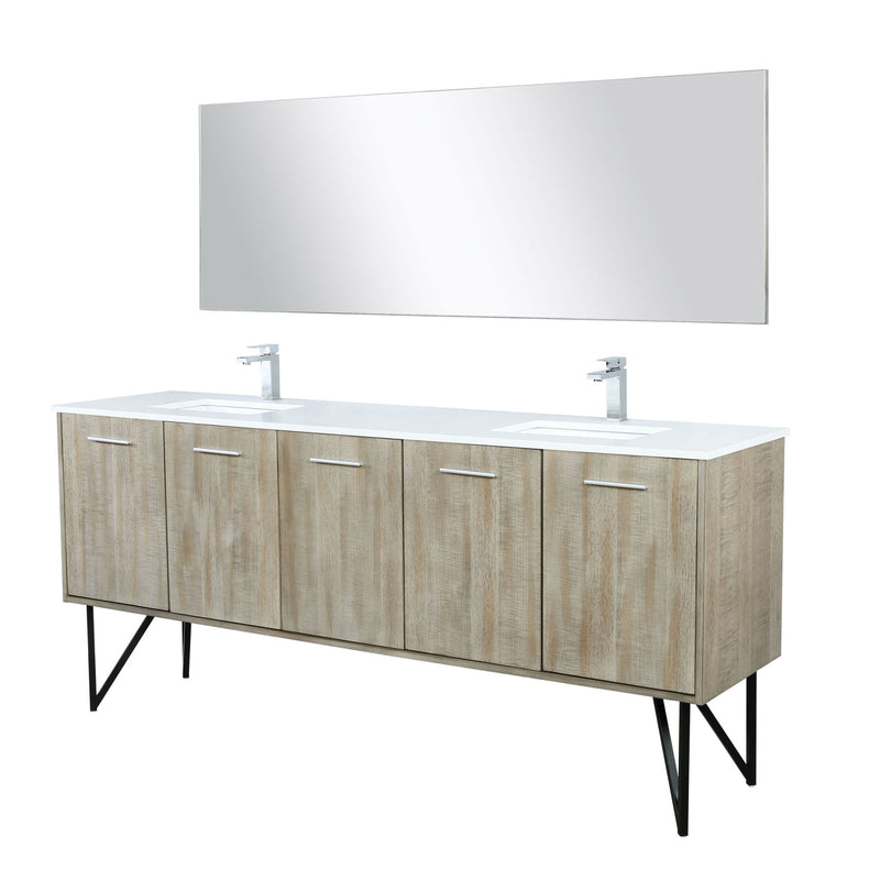 Lexora Lancy 80" Rustic Acacia Double Bathroom Vanity, White Quartz Top, White Square Sinks, Labaro Rose Gold Faucet Set, and 70" Frameless Mirror LLC80DKSOSM70FRG