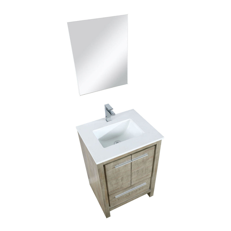 Lexora Lafarre 24" Rustic Acacia Bathroom Vanity, White Quartz Top, White Square Sink, Labaro Rose Gold Faucet Set, and 18" Frameless Mirror  LLF24SKSOSM18FRG
