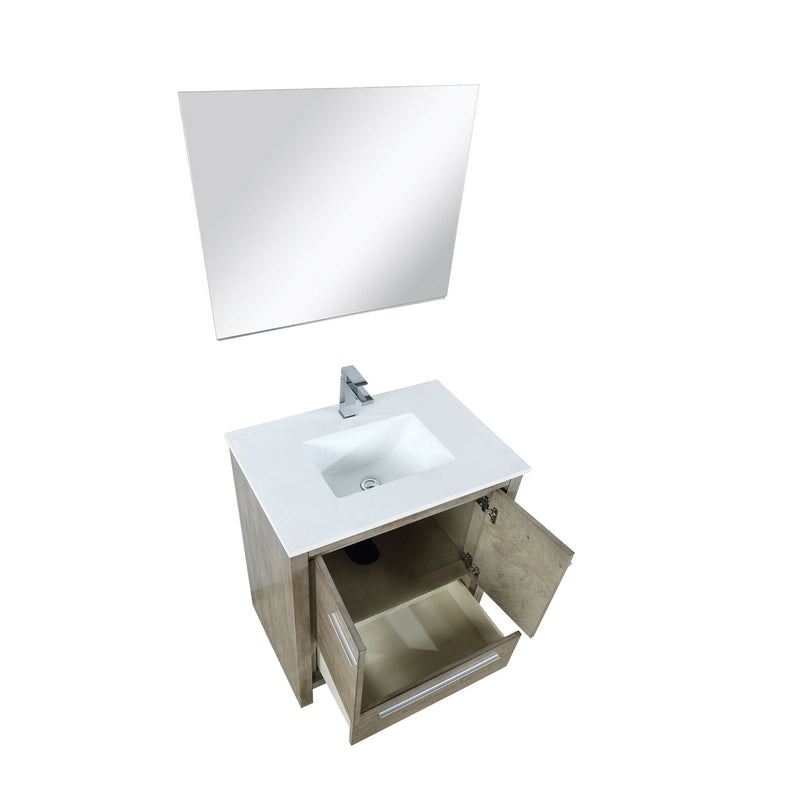Lexora Lafarre 30" Rustic Acacia Bathroom Vanity, White Quartz Top, White Square Sink, Labaro Brushed Nickel Faucet Set, and 28" Frameless Mirror  LLF30SKSOSM28FBN