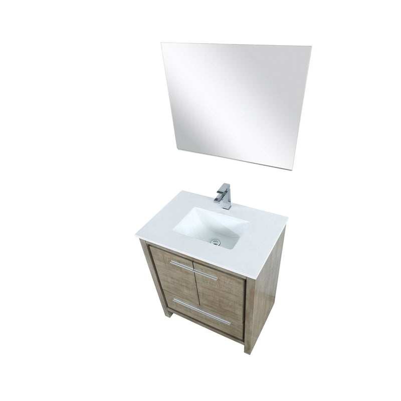 Lexora Lafarre 30" Rustic Acacia Bathroom Vanity, White Quartz Top, White Square Sink, Balzani Gun Metal Faucet Set, and 28" Frameless Mirror LLF30SKSOSM28FGM