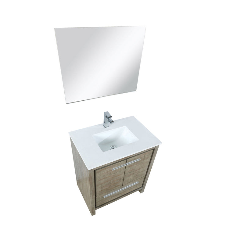 Lexora Lafarre 30" Rustic Acacia Bathroom Vanity, White Quartz Top, White Square Sink, Labaro Rose Gold Faucet Set, and 28" Frameless Mirror LLF30SKSOSM28FRG