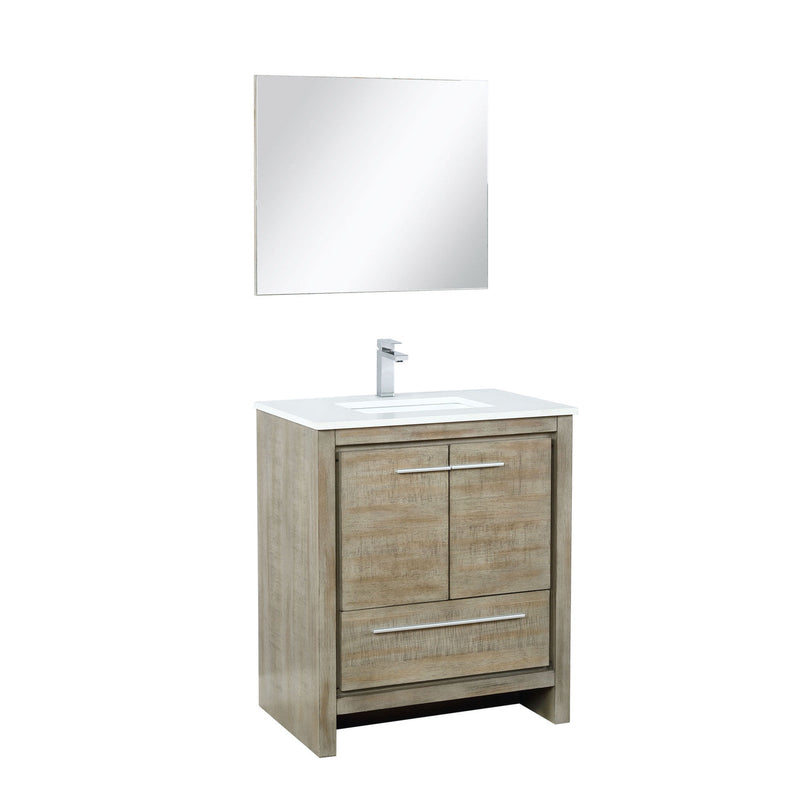 Lexora Lafarre 30" Rustic Acacia Bathroom Vanity, White Quartz Top, White Square Sink, Labaro Rose Gold Faucet Set, and 28" Frameless Mirror LLF30SKSOSM28FRG