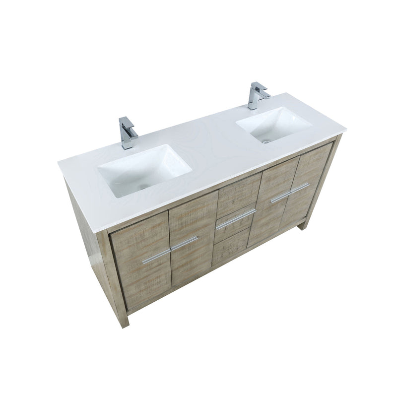 Lexora Lafarre 60" Rustic Acacia Double Bathroom Vanity, White Quartz Top, White Square Sinks, and Labaro Brushed Nickel Faucet Set LLF60DKSOD000FBN