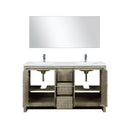 Lexora Lafarre 60" Rustic Acacia Double Bathroom Vanity, White Quartz Top, White Square Sinks, Labaro Brushed Nickel Faucet Set, and 55" Frameless Mirror LLF60DKSODM55FBN