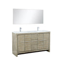 Lexora Lafarre 60" Rustic Acacia Double Bathroom Vanity, White Quartz Top, White Square Sinks, Balzani Gun Metal Faucet Set, and 55" Frameless Mirror LLF60DKSODM55FGM