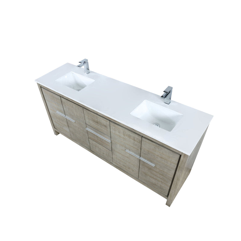 Lexora Lafarre 72" Rustic Acacia Double Bathroom Vanity, White Quartz Top, White Square Sinks, and Labaro Brushed Nickel Faucet Set LLF72DKSOD000FBN