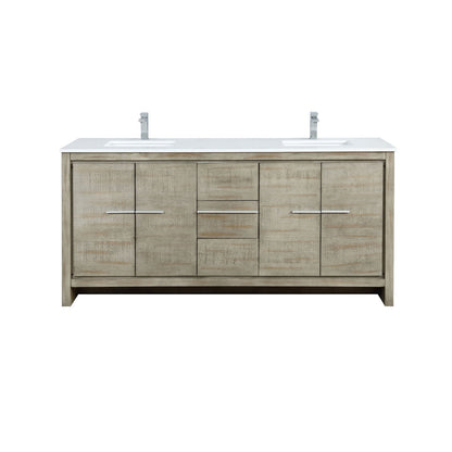 Lexora Lafarre 72" Rustic Acacia Double Bathroom Vanity, White Quartz Top, White Square Sinks, and Balzani Gun Metal Faucet Set LLF72DKSOD000FGM