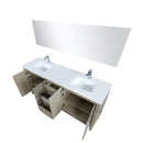 Lexora Lafarre 72" Rustic Acacia Double Bathroom Vanity, White Quartz Top, White Square Sinks, Labaro Brushed Nickel Faucet Set, and 70" Frameless Mirror LLF72DKSODM70FBN