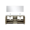 Lexora Lafarre 72" Rustic Acacia Double Bathroom Vanity, White Quartz Top, White Square Sinks, Labaro Rose Gold Faucet Set, and 70" Frameless Mirror LLF72DKSODM70FRG