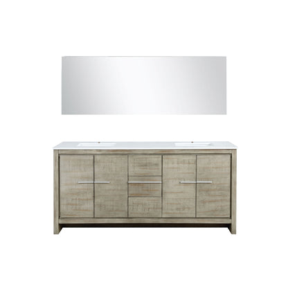 Lexora Lafarre 72" Rustic Acacia Double Bathroom Vanity, White Quartz Top, White Square Sinks, and 70" Frameless Mirror LLF72DKSODM70