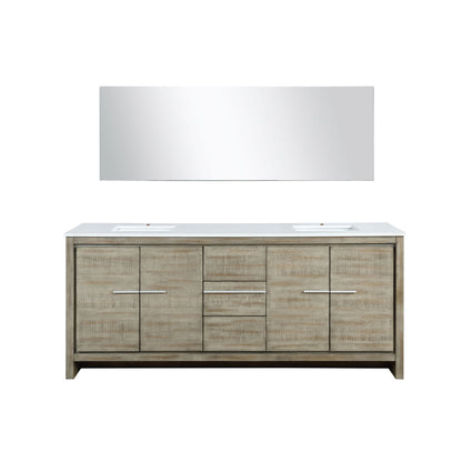 Lexora Lafarre 80" Rustic Acacia Double Bathroom Vanity, White Quartz Top, White Square Sinks, and 70" Frameless Mirror LLF80DKSODM70