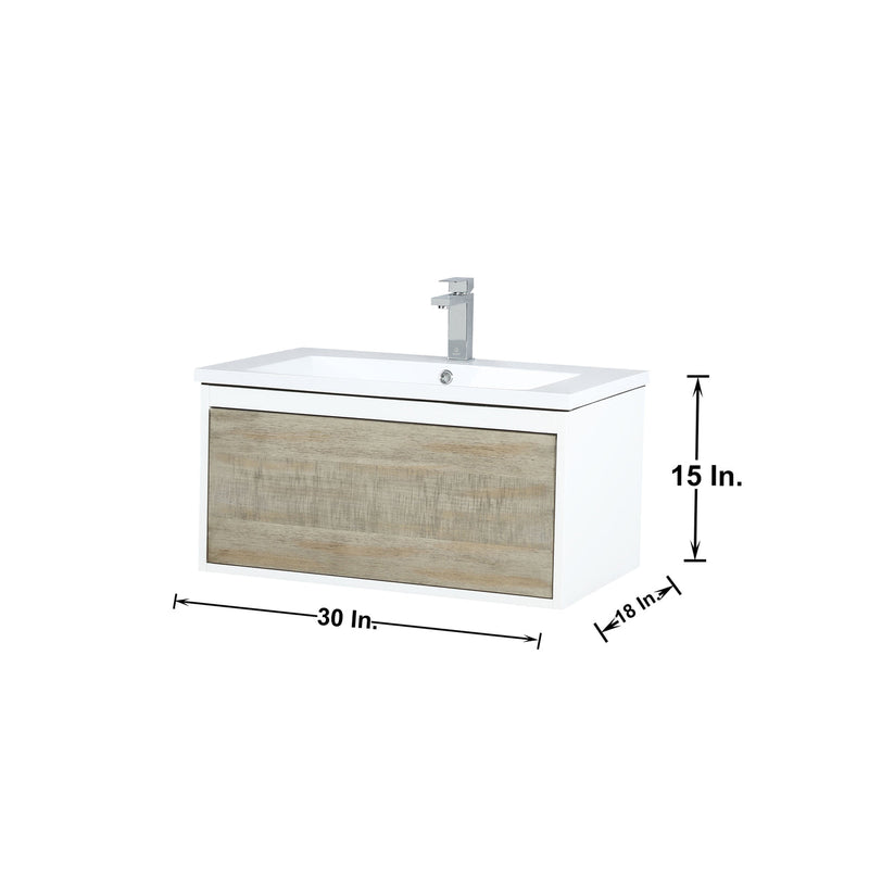 Lexora Scopi 30" Rustic Acacia Bathroom Vanity, Acrylic Composite Top with Integrated Sink, and Labaro Brushed Nickel Faucet Set LSC30SRAOS000FBN