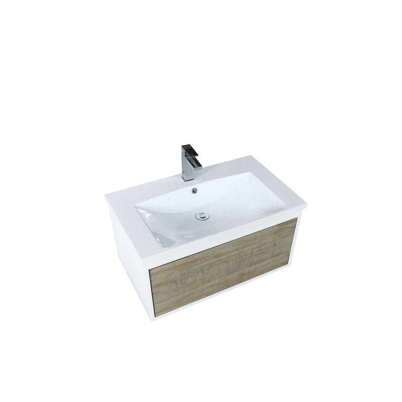 Lexora Scopi 30" Rustic Acacia Bathroom Vanity, Acrylic Composite Top with Integrated Sink, and Balzani Gun Metal Faucet Set LSC30SRAOS000FGM
