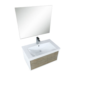 Lexora Scopi 30" Rustic Acacia Bathroom Vanity, Acrylic Composite Top with Integrated Sink, Labaro Brushed Nickel Faucet Set, and 28" Frameless Mirror LSC30SRAOSM28FBN