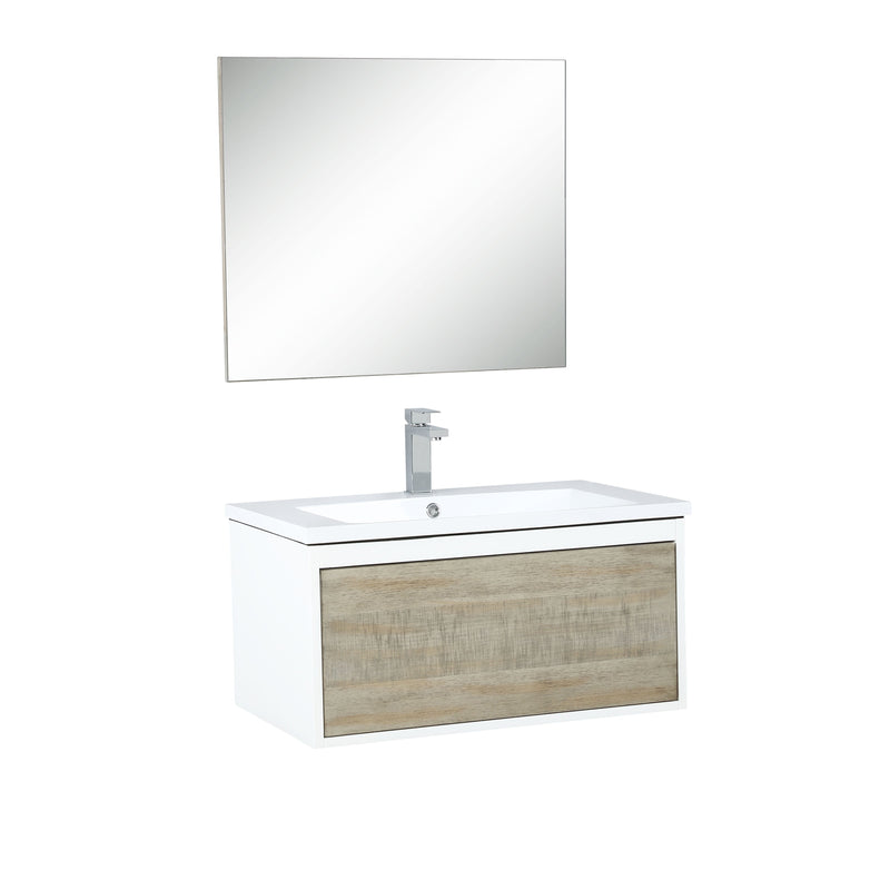 Lexora Scopi 30" Rustic Acacia Bathroom Vanity, Acrylic Composite Top with Integrated Sink, Labaro Brushed Nickel Faucet Set, and 28" Frameless Mirror LSC30SRAOSM28FBN