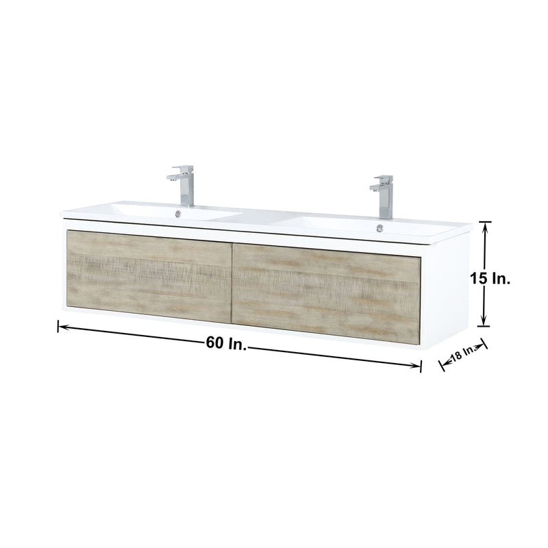 Lexora Scopi 60" Rustic Acacia Double Bathroom Vanity, Acrylic Composite Top with Integrated Sinks, and Labaro Rose Gold Faucet Set LSC60DRAOS000FRG