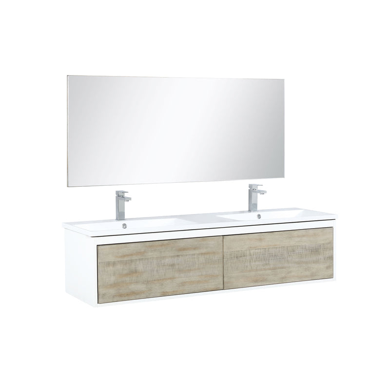 Lexora Scopi 60" Rustic Acacia Double Bathroom Vanity, Acrylic Composite Top with Integrated Sinks, Labaro Brushed Nickel Faucet Set, and 55" Frameless Mirror LSC60DRAOSM55FBN