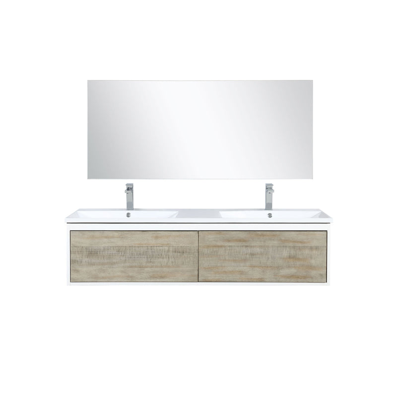 Lexora Scopi 60" Rustic Acacia Double Bathroom Vanity, Acrylic Composite Top with Integrated Sinks, Balzani Gun Metal Faucet Set, and 55" Frameless Mirror LSC60DRAOSM55FGM