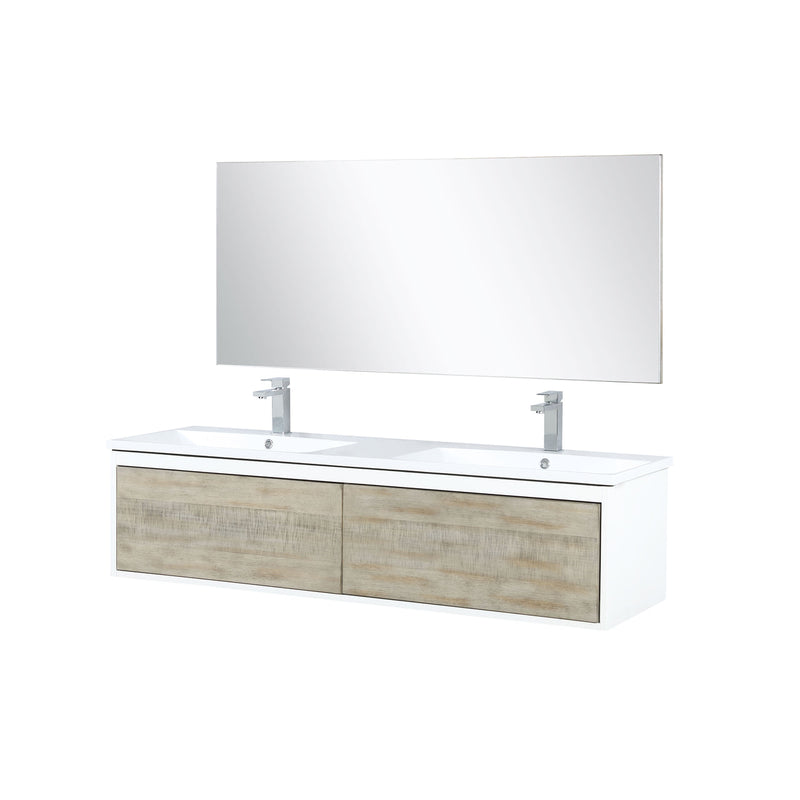 Lexora Scopi 60" Rustic Acacia Double Bathroom Vanity, Acrylic Composite Top with Integrated Sinks, Balzani Gun Metal Faucet Set, and 55" Frameless Mirror LSC60DRAOSM55FGM