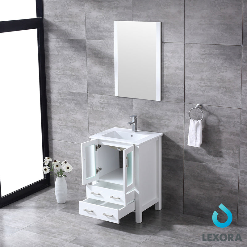 Lexora  Volez 24" White Single Vanity, Integrated Top, White Integrated Square Sink and 22" Mirror LV341824SAESM22