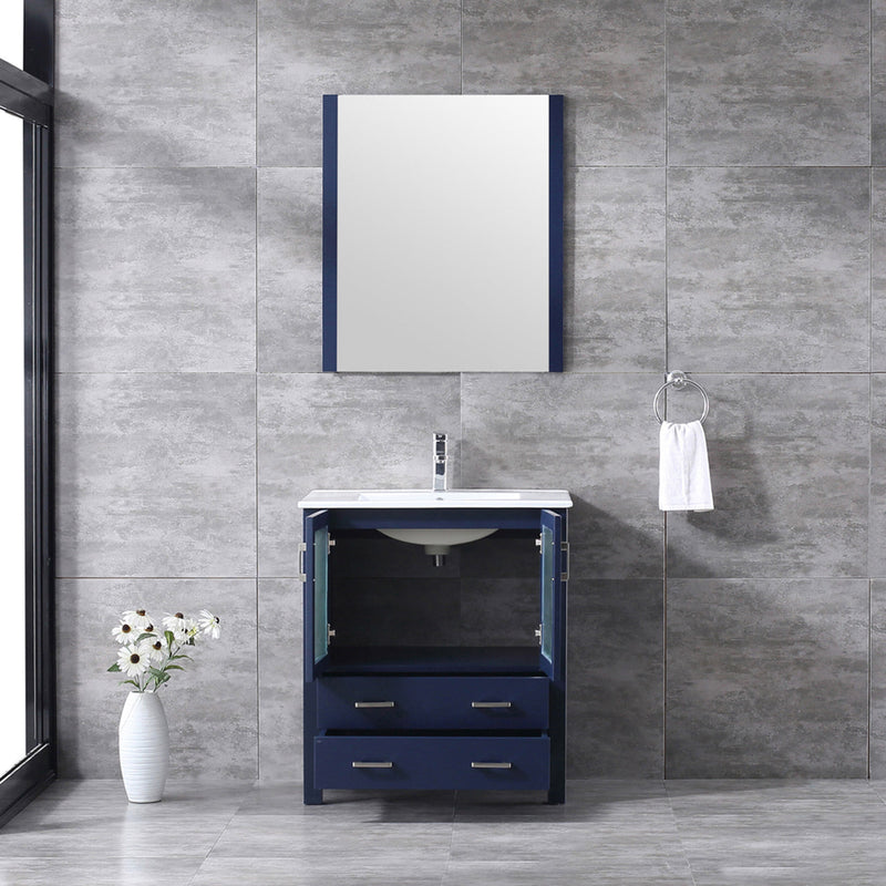 Lexora  Volez 30" Navy Blue Single Vanity, Integrated Top, White Integrated Square Sink and 28" Mirror w/ Faucet LV341830SEESM28F