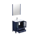 Lexora  Volez 30" Navy Blue Single Vanity, Integrated Top, White Integrated Square Sink and 28" Mirror w/ Faucet LV341830SEESM28F