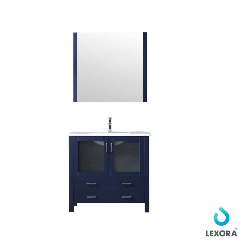 Lexora  Volez 36" Navy Blue Single Vanity, Integrated Top, White Integrated Square Sink and 34" Mirror LV341836SEESM34