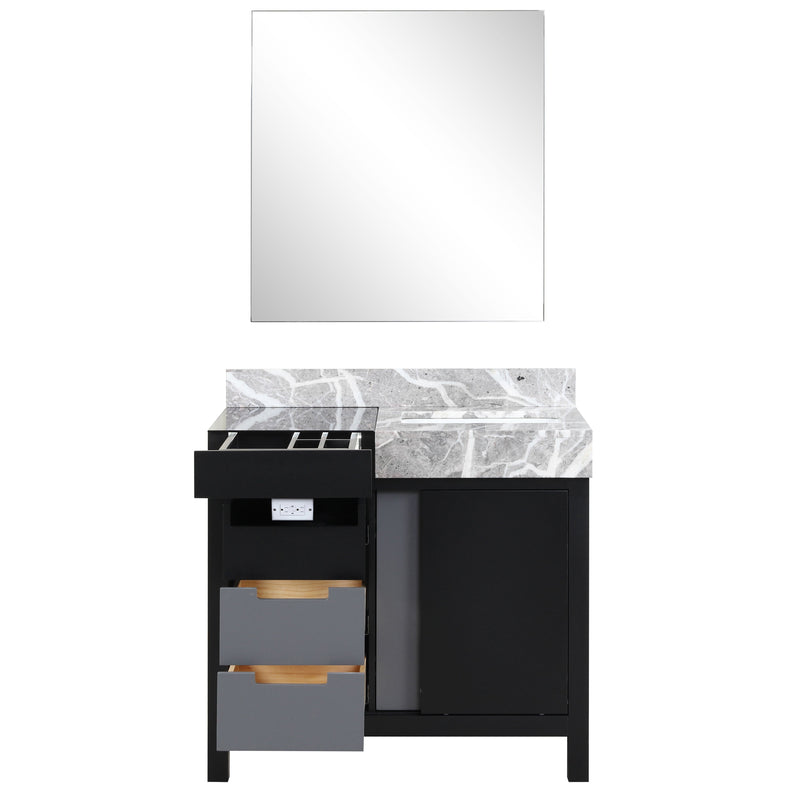 Lexora Zilara 36" Black and Grey Vanity, Castle Grey Marble Top, White Square Sink, and 30" Frameless Mirror - LZ342236SLISM30