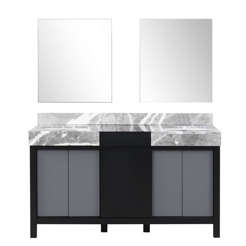 Lexora Zilara 60" Black and Grey Double Vanity, Castle Grey Marble Tops, White Square Sinks, and 28" Frameless Mirrors - LZ342260DLISM28
