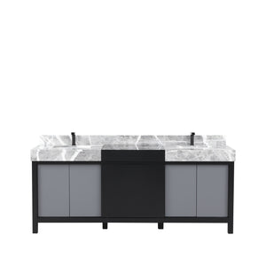 Lexora Zilara 80" Black and Grey Double Vanity, Castle Grey Marble Tops, White Square Sinks, and Balzani Gun Metal Faucet Set - LZ342280DLISFBG