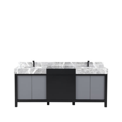 Lexora Zilara 80" Black and Grey Double Vanity, Castle Grey Marble Tops, White Square Sinks, and Balzani Gun Metal Faucet Set - LZ342280DLISFBG