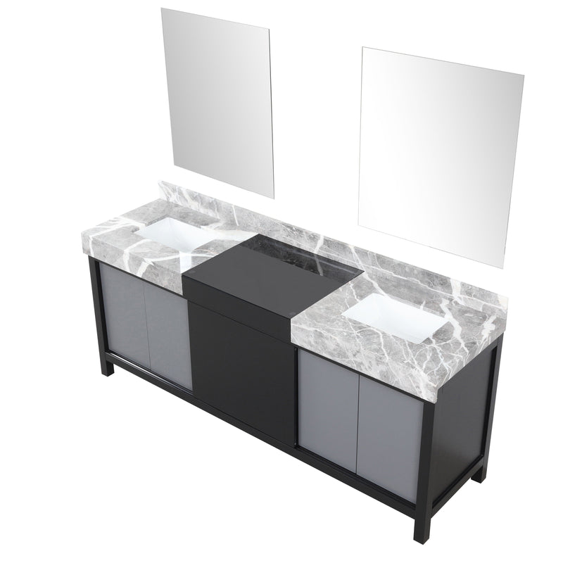Lexora Zilara 80" Black and Grey Double Vanity, Castle Grey Marble Tops, White Square Sinks, and 30" Frameless Mirrors - LZ342280DLISM30