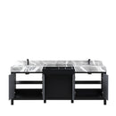 Lexora Zilara 84" Black and Grey Double Vanity, Castle Grey Marble Tops, White Square Sinks, and Balzani Gun Metal Faucet Set - LZ342284DLISFBG