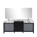 Lexora Zilara 84" Black and Grey Double Vanity, Castle Grey Marble Tops, White Square Sinks, Monte Chrome Faucet Set, and 34" Frameless Mirrors - LZ342284DLISM34FBG