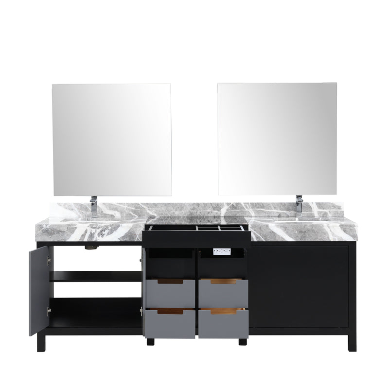 Lexora Zilara 84" Black and Grey Double Vanity, Castle Grey Marble Tops, White Square Sinks, Monte Chrome Faucet Set, and 34" Frameless Mirrors - LZ342284DLISM34FBG