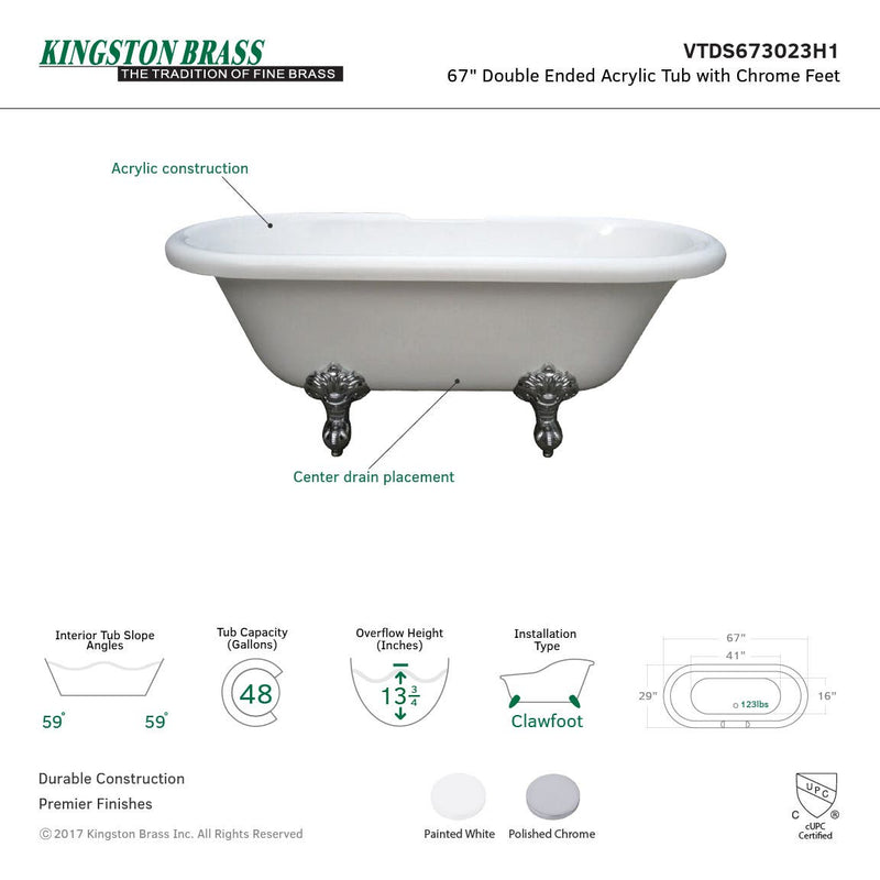 kingston-brass-aqua-eden-67-inch-acrylic-double-ended-clawfoot-tub-no-faucet-drillings-white-polished-chrome-vtds673023h1