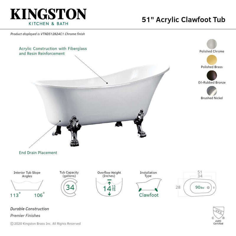 Kingston Brass Aqua Eden 51-Inch Acrylic Single Slipper Clawfoot Tub (No Faucet Drillings), White/Polished Chrome VTND512824C1